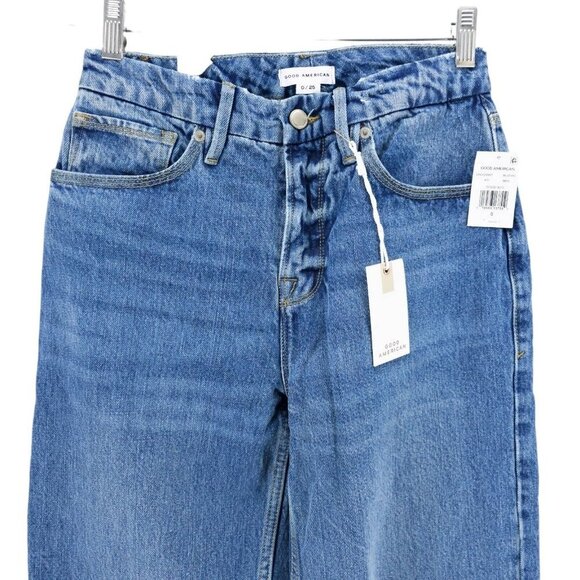 NWT GOOD AMERICAN Good 90s Iconic Baggy Jeans Blue812 Wash Ripped Size 0/25 - Picture 2 of 11